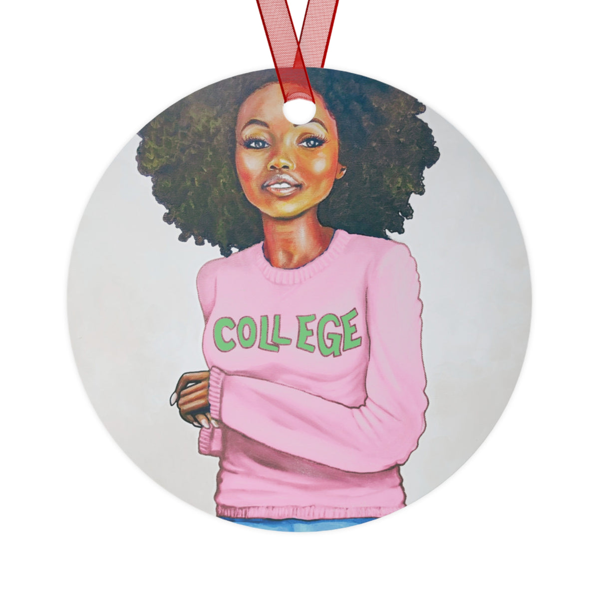 College Pink and Green round metal ornament by Fearlessly Hue®, Dana Todd Pope's art.
