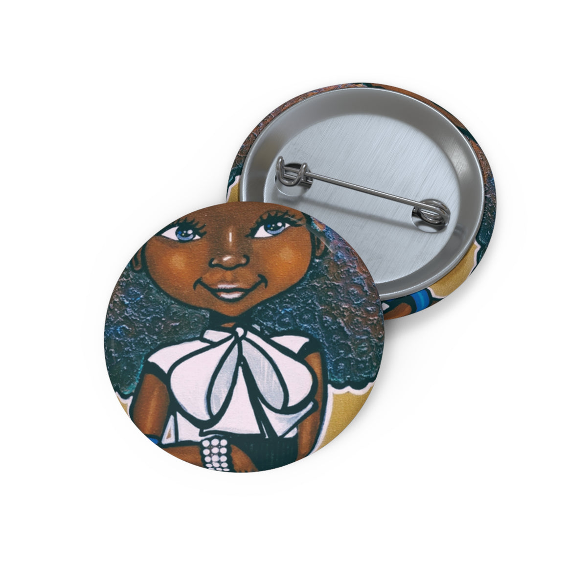 Fashionista Blue and White pin button by Fearlessly Hue®, Dana Todd Pope's art.