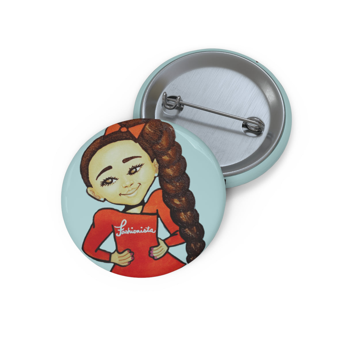 Fashionista Too pin button in 1.25" by Fearlessly Hue®, Dana Todd Pope's art.