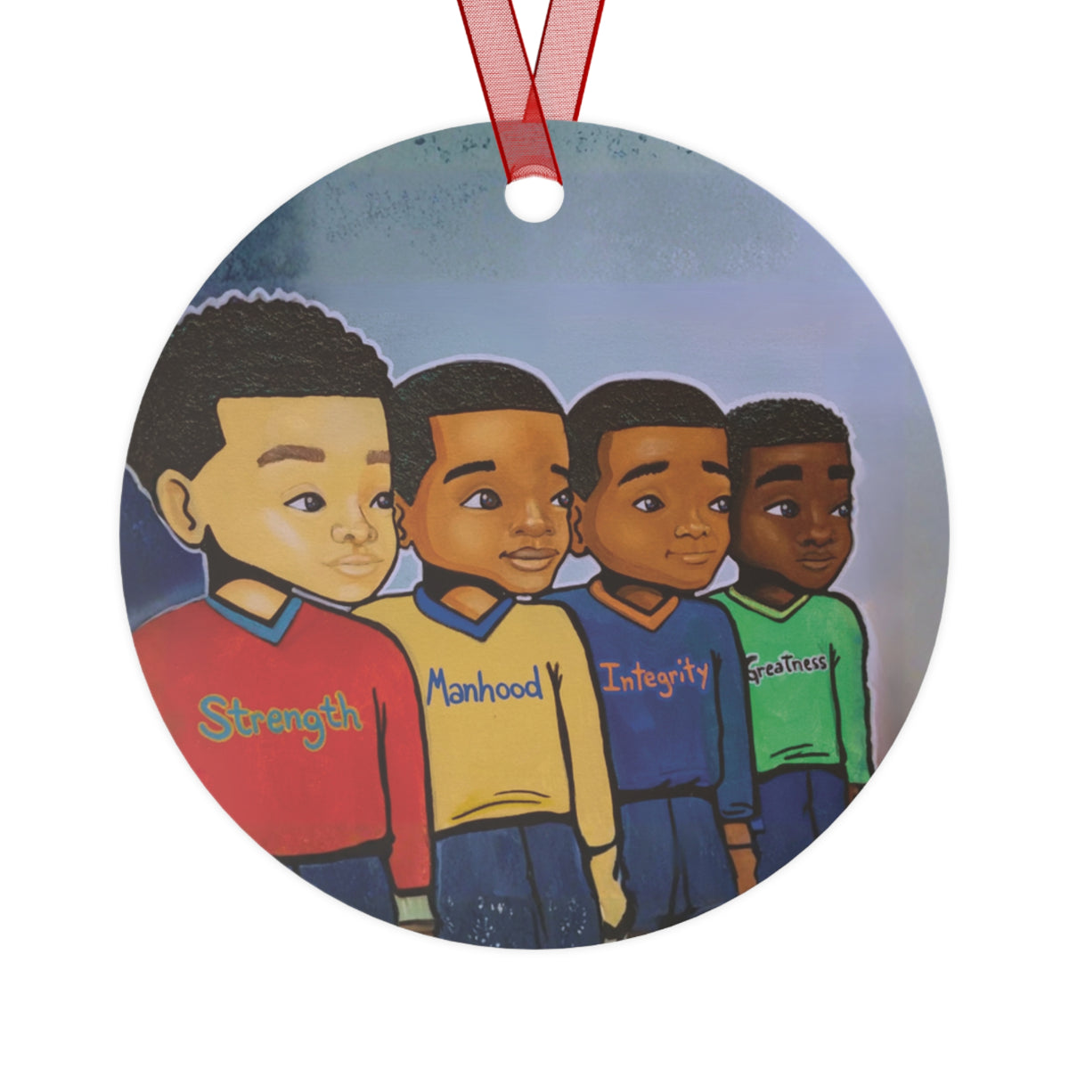Strength, Manhood, Integrity, Greatness round metal ornament, art on both sides by Fearlessly Hue®, Dana Todd Pope's art.