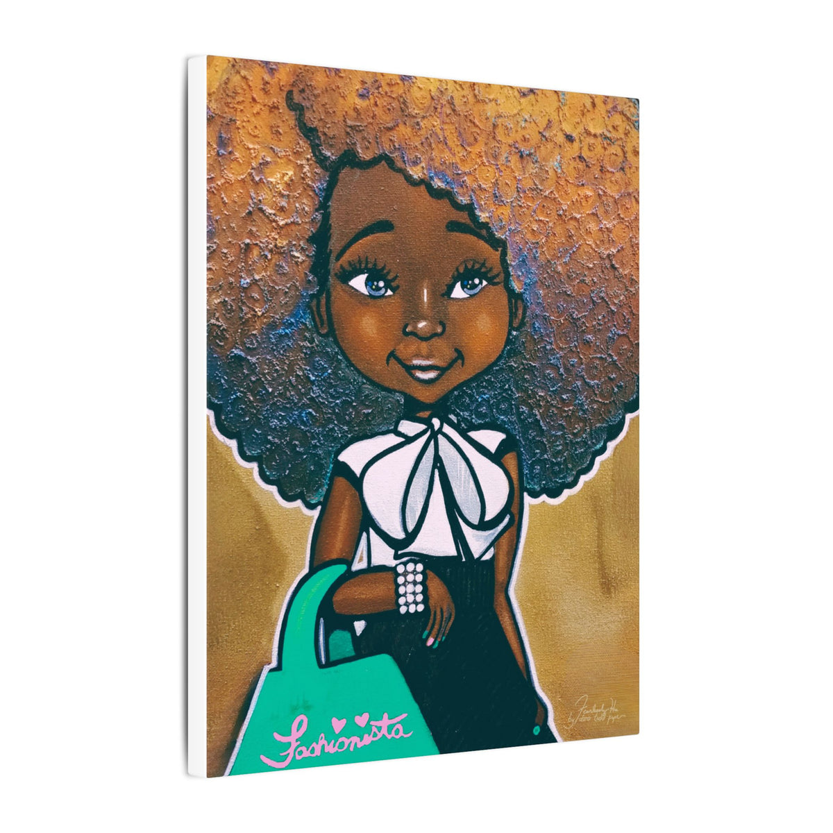 Fashionista (Pink and Green) Print on Canvas by Dana Todd Pope, seen at an angle to show its depth.
