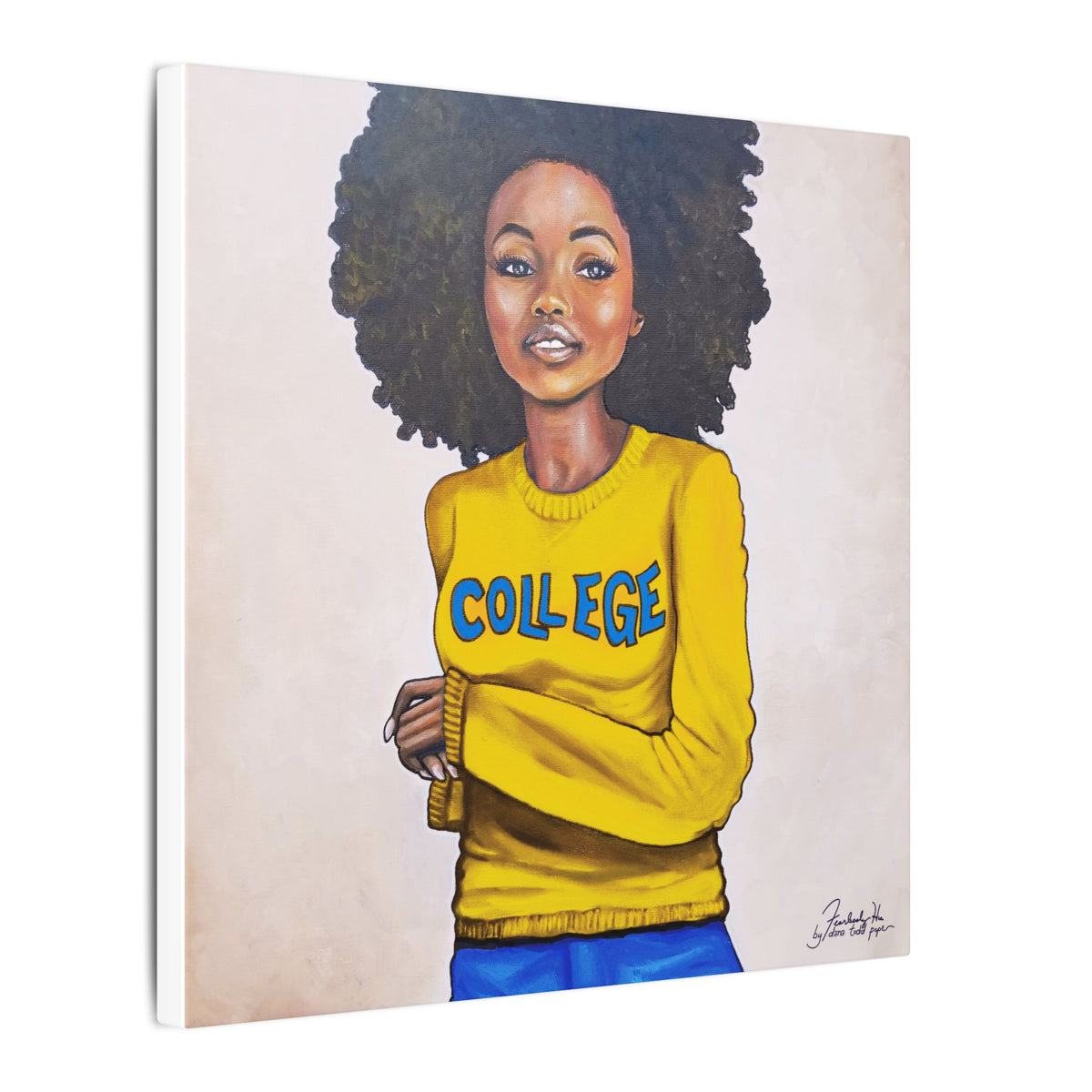 College (Blue and Gold) Print on Canvas by Dana Todd Pope, seen at an angle to show its depth.