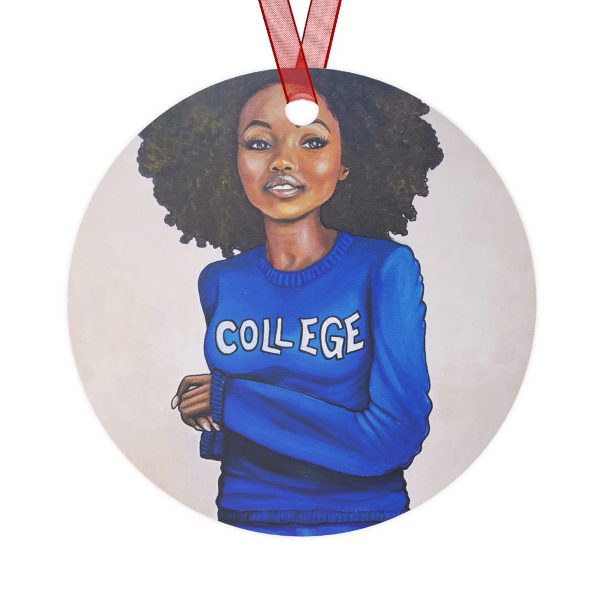 College Blue and White round metal ornament by Fearlessly Hue®, Dana Todd Pope's art.