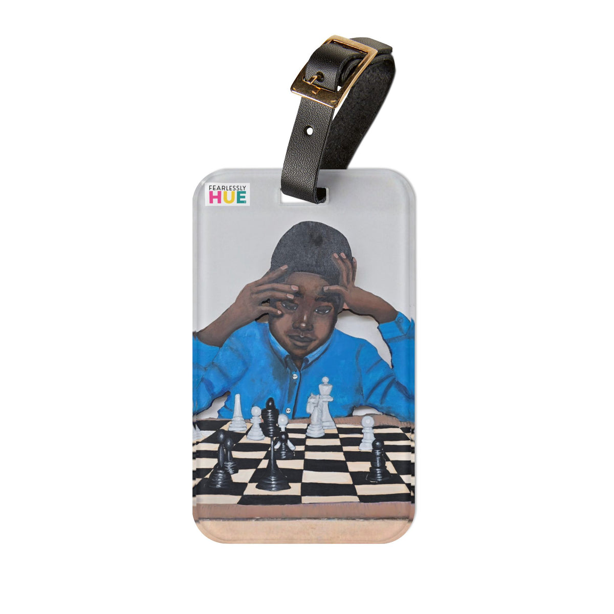 Chess Master acrylic luggage tag on its black leather strap.
