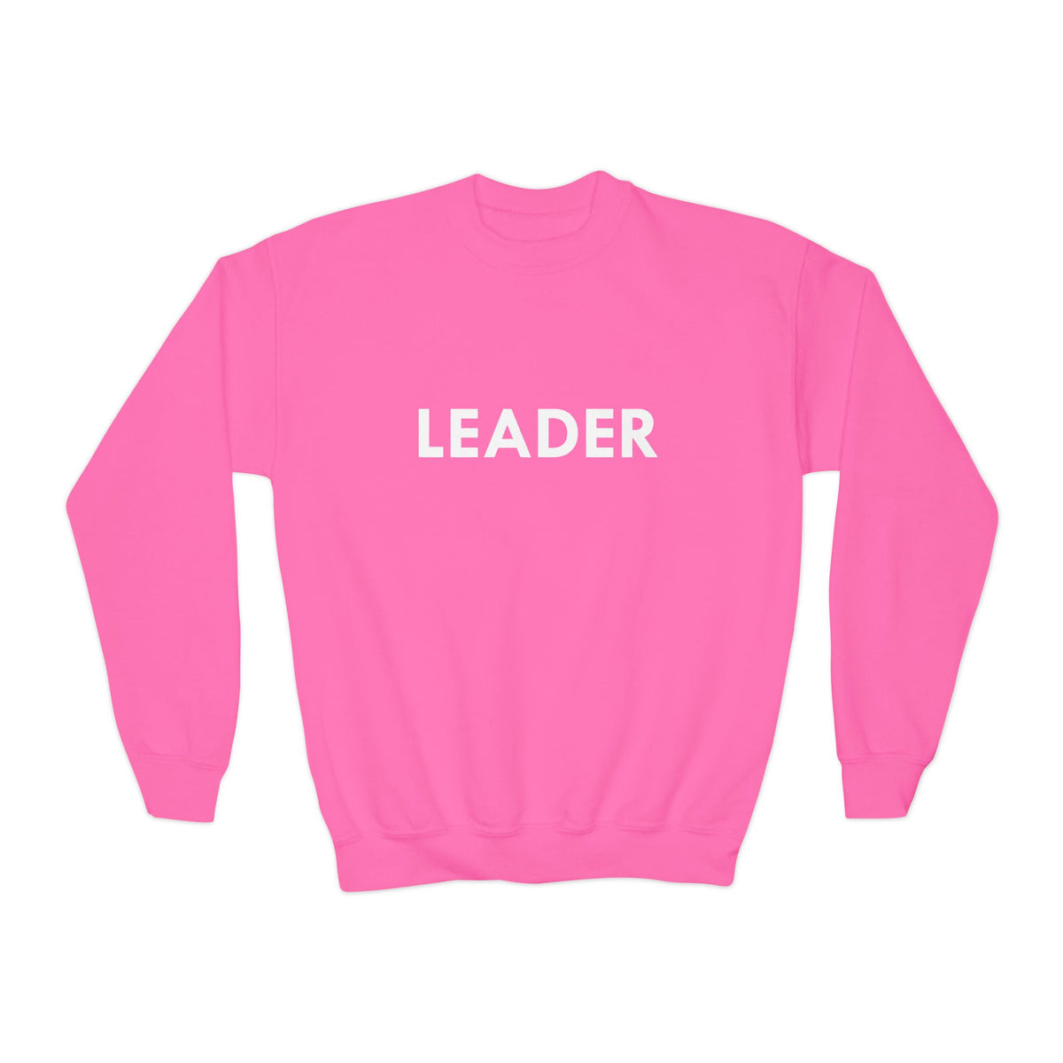 LEADER kids crewneck sweatshirt in Safety Pink by Fearlessly Hue®, bold LEADER lettering on the front.