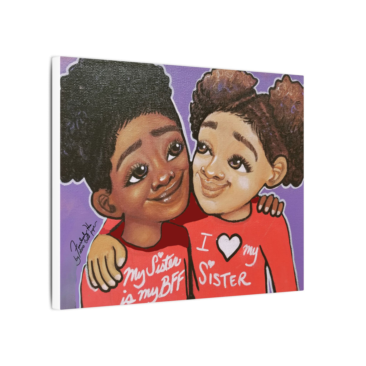 Sisterly Love Print on Canvas by Dana Todd Pope, seen at an angle to show its depth.