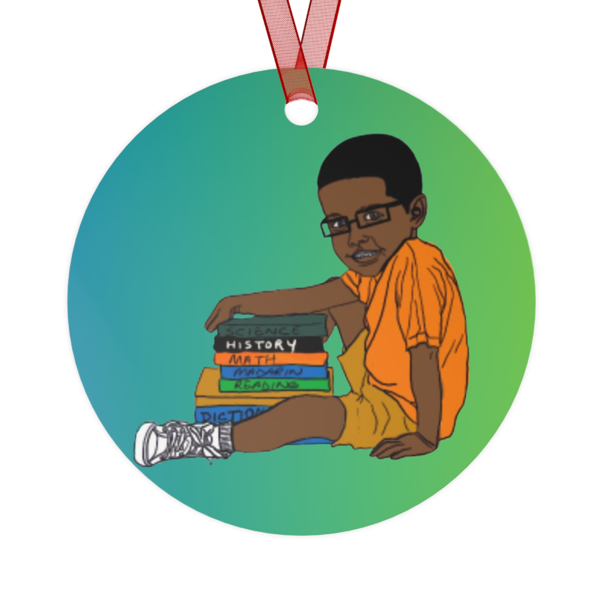 I Love Reading round metal ornament, art on both sides by Fearlessly Hue®, Dana Todd Pope's art.
