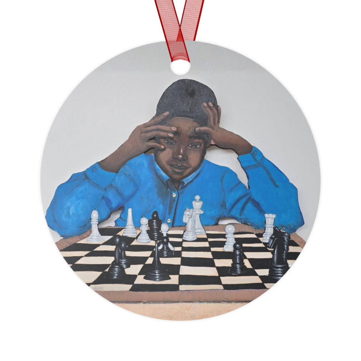 Chess Master round metal ornament, art on both sides by Fearlessly Hue®, Dana Todd Pope's art.