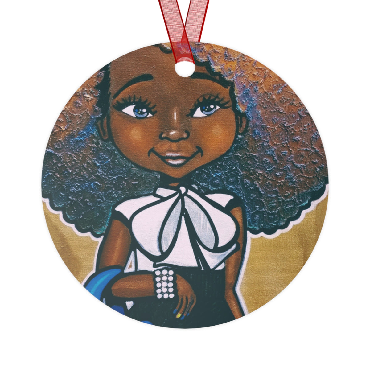 Fashionista Blue and Gold round metal ornament by Fearlessly Hue®, Dana Todd Pope's art.
