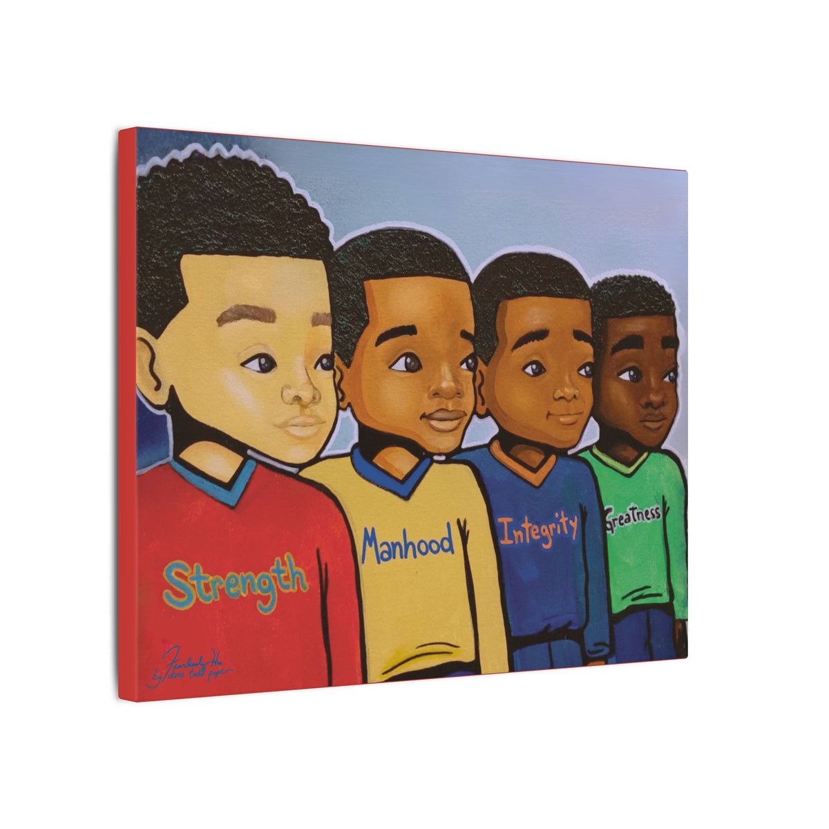 Strength, Manhood, Integrity, Greatness Print on Canvas by Dana Todd Pope, seen at an angle to show its depth.