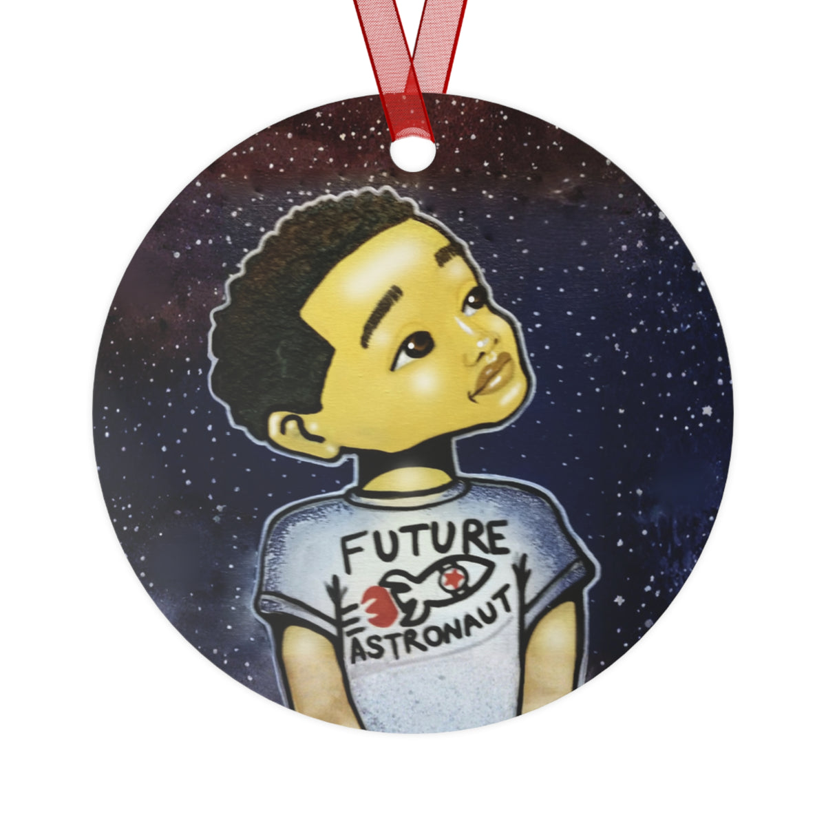 Future Astronaut round metal ornament, art on both sides by Fearlessly Hue®, Dana Todd Pope's art.