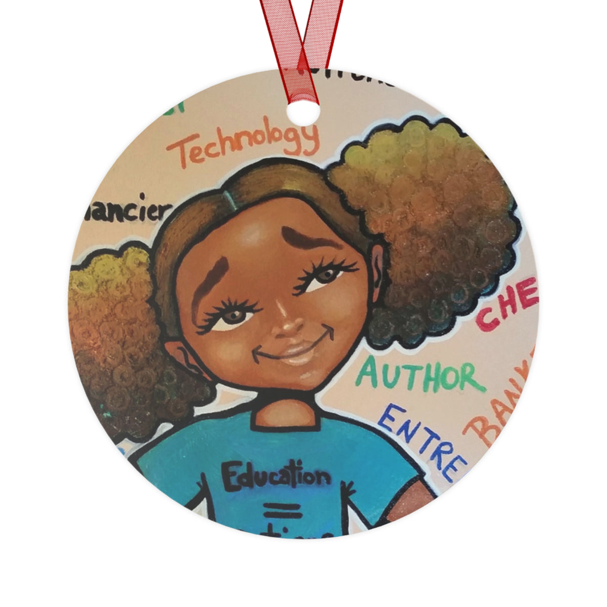 Ed = Op Girl II round metal ornament by Fearlessly Hue®, Dana Todd Pope's art.