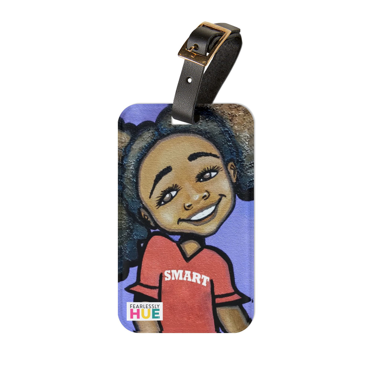 Smart Girl acrylic luggage tag on its black leather strap.