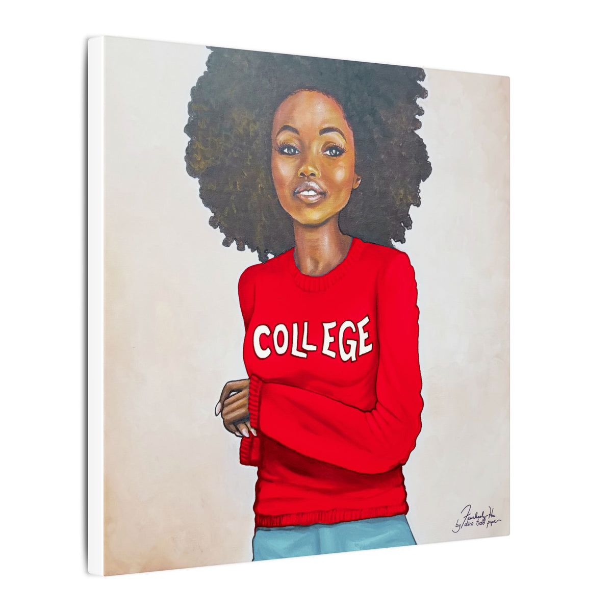 College (Red & White) Print on Canvas by Dana Todd Pope, seen at an angle to show its depth.