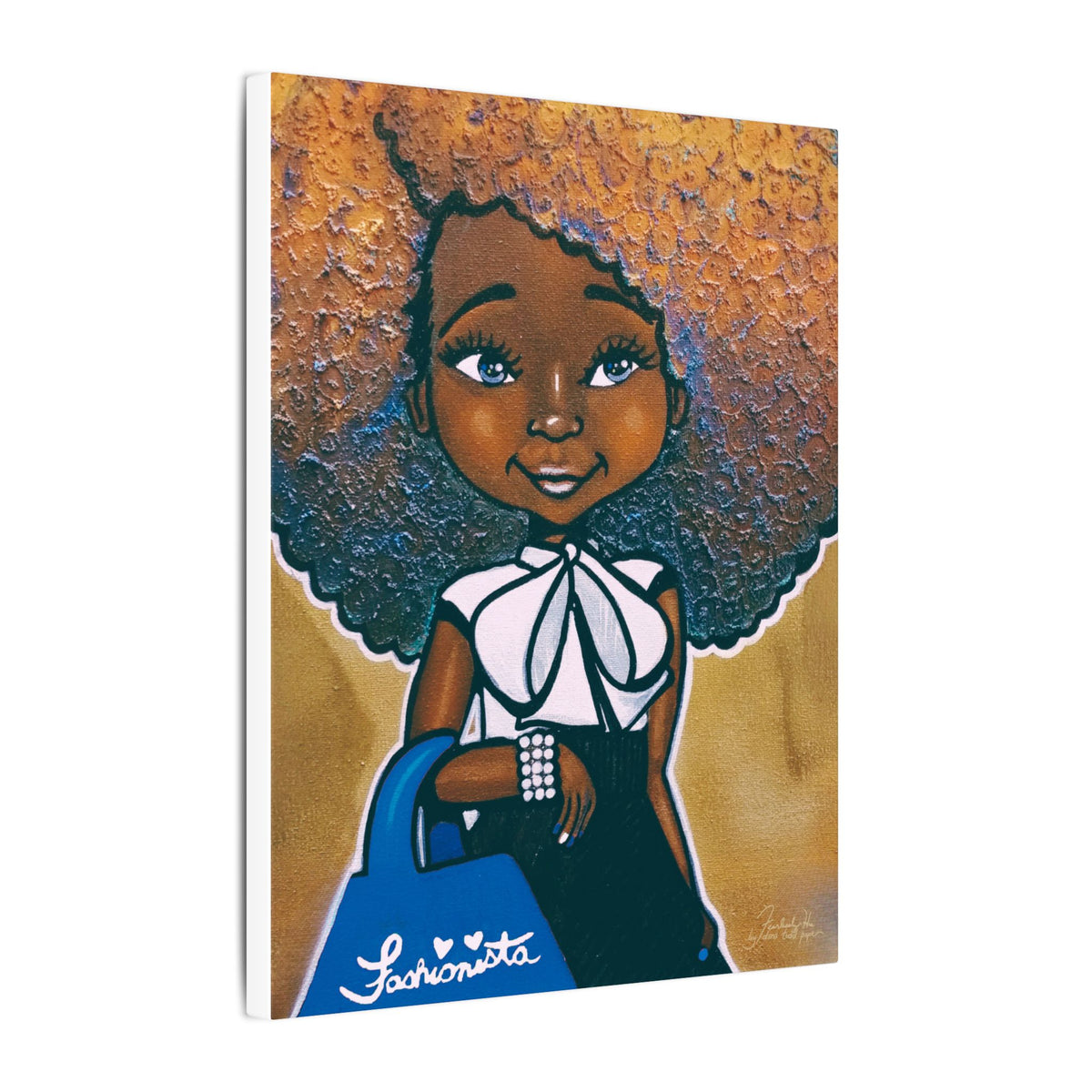 Fashionista (Blue and White) Print on Canvas by Dana Todd Pope, seen at an angle to show its depth.