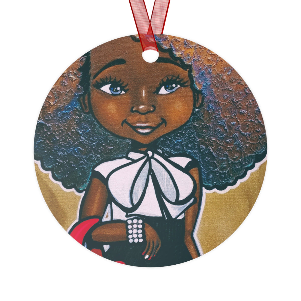 Fashionista Red and White round metal ornament by Fearlessly Hue®, Dana Todd Pope's art.