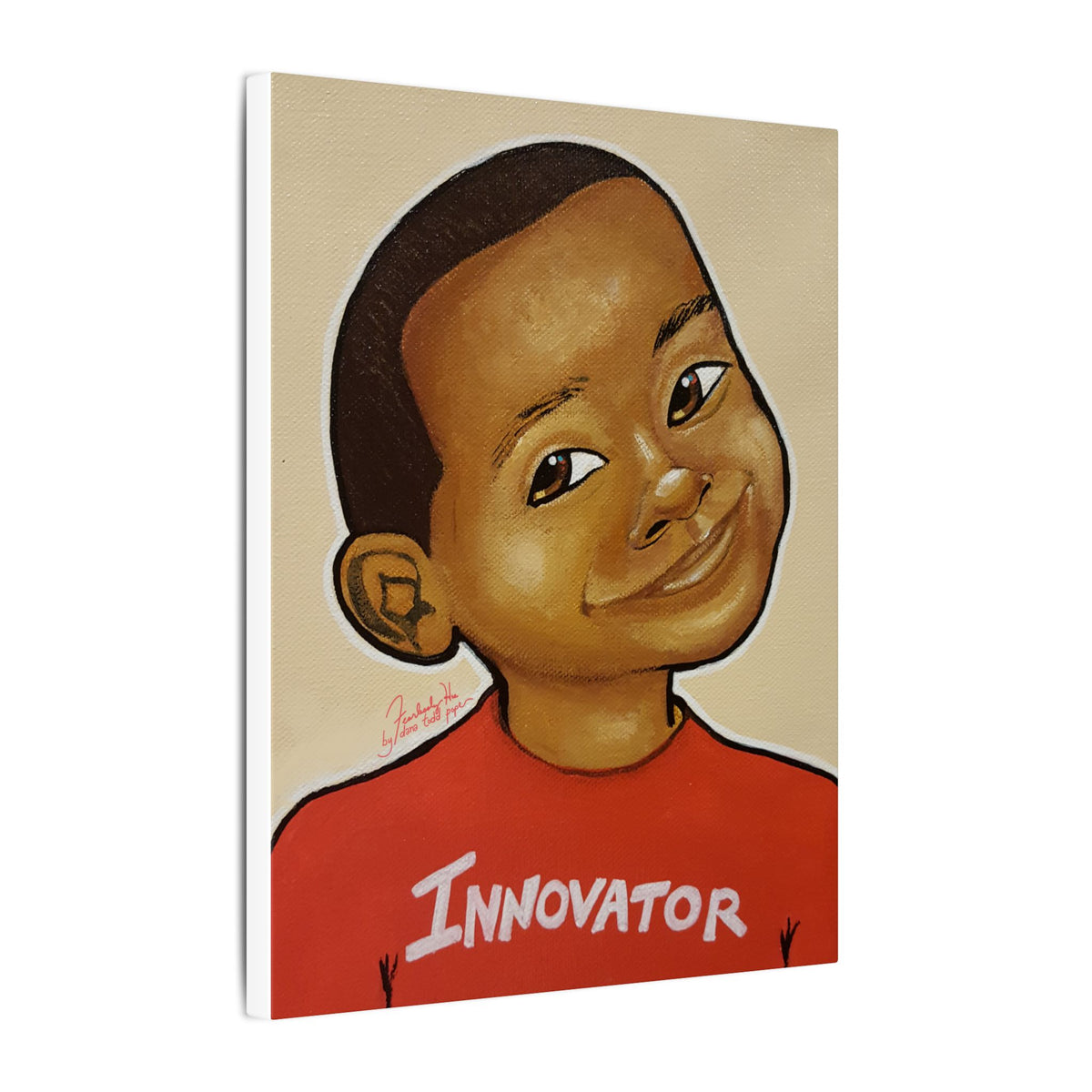 Innovator, II Boy Print on Canvas by Dana Todd Pope, seen at an angle to show its depth.