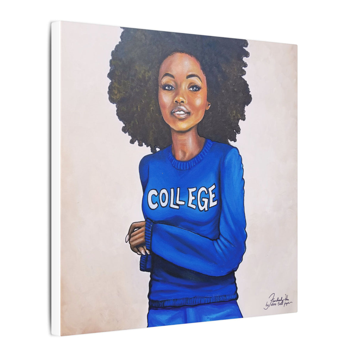 College (Blue & White) Print on Canvas by Dana Todd Pope, seen at an angle to show its depth.