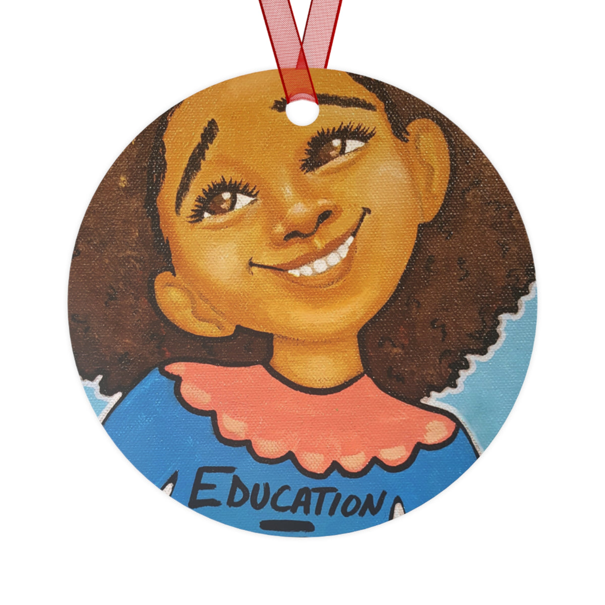 Ed = Op Girl round metal ornament by Fearlessly Hue®, Dana Todd Pope's art.