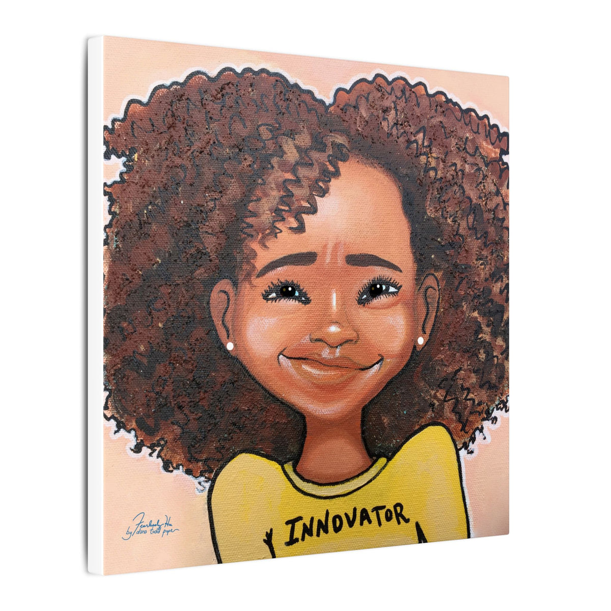 Innovator Girl Print on Canvas by Dana Todd Pope, seen at an angle to show its depth.