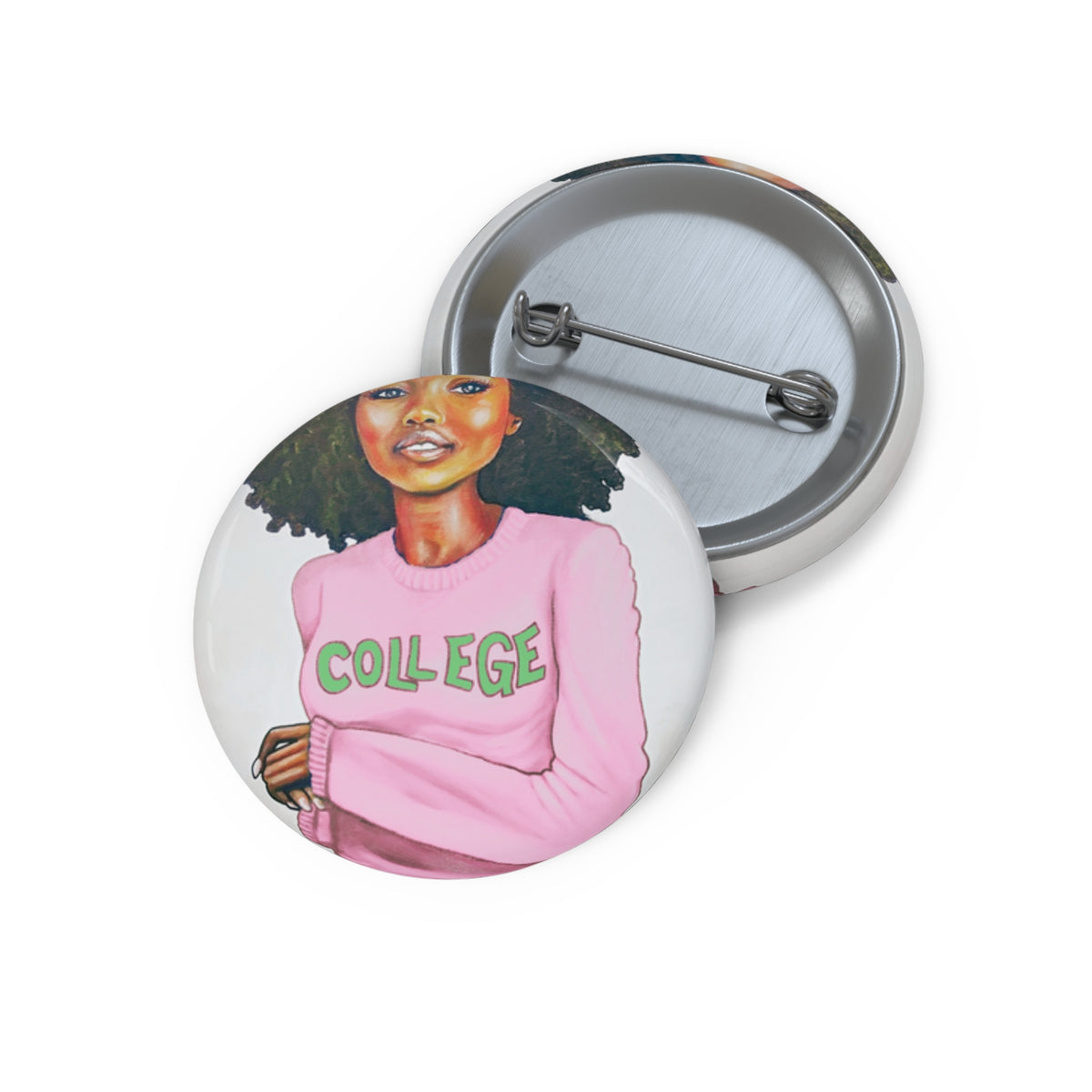 College Pink and Green pin button by Fearlessly Hue®, Dana Todd Pope's art.