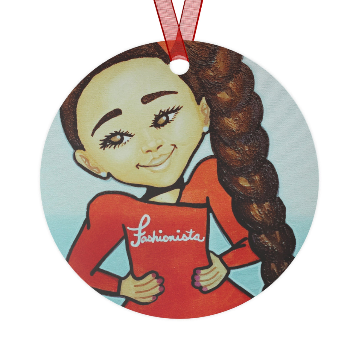 Fashionista Too round metal ornament by Fearlessly Hue®, Dana Todd Pope's art.