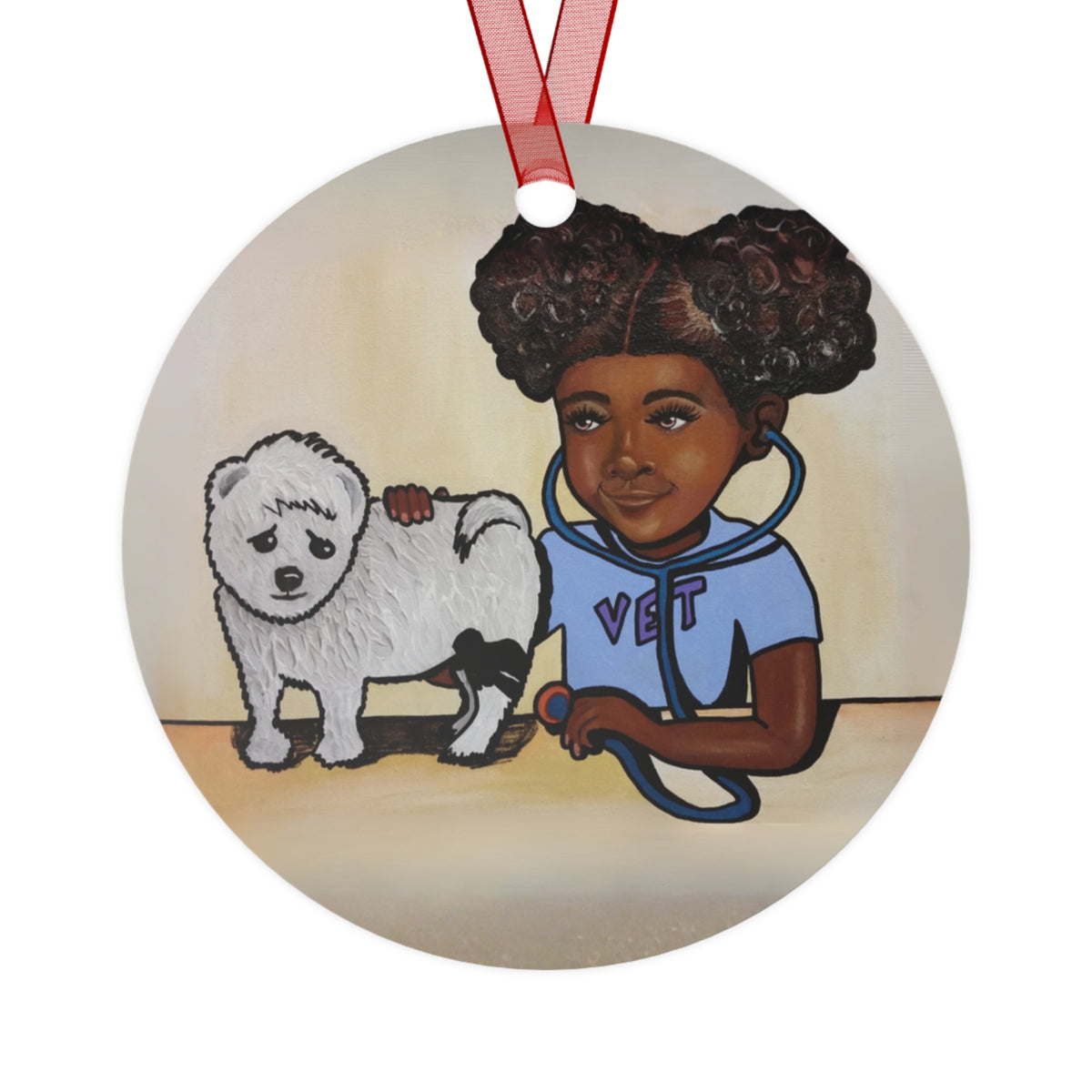Lil Vet round metal ornament, art on both sides by Fearlessly Hue®, Dana Todd Pope's art.
