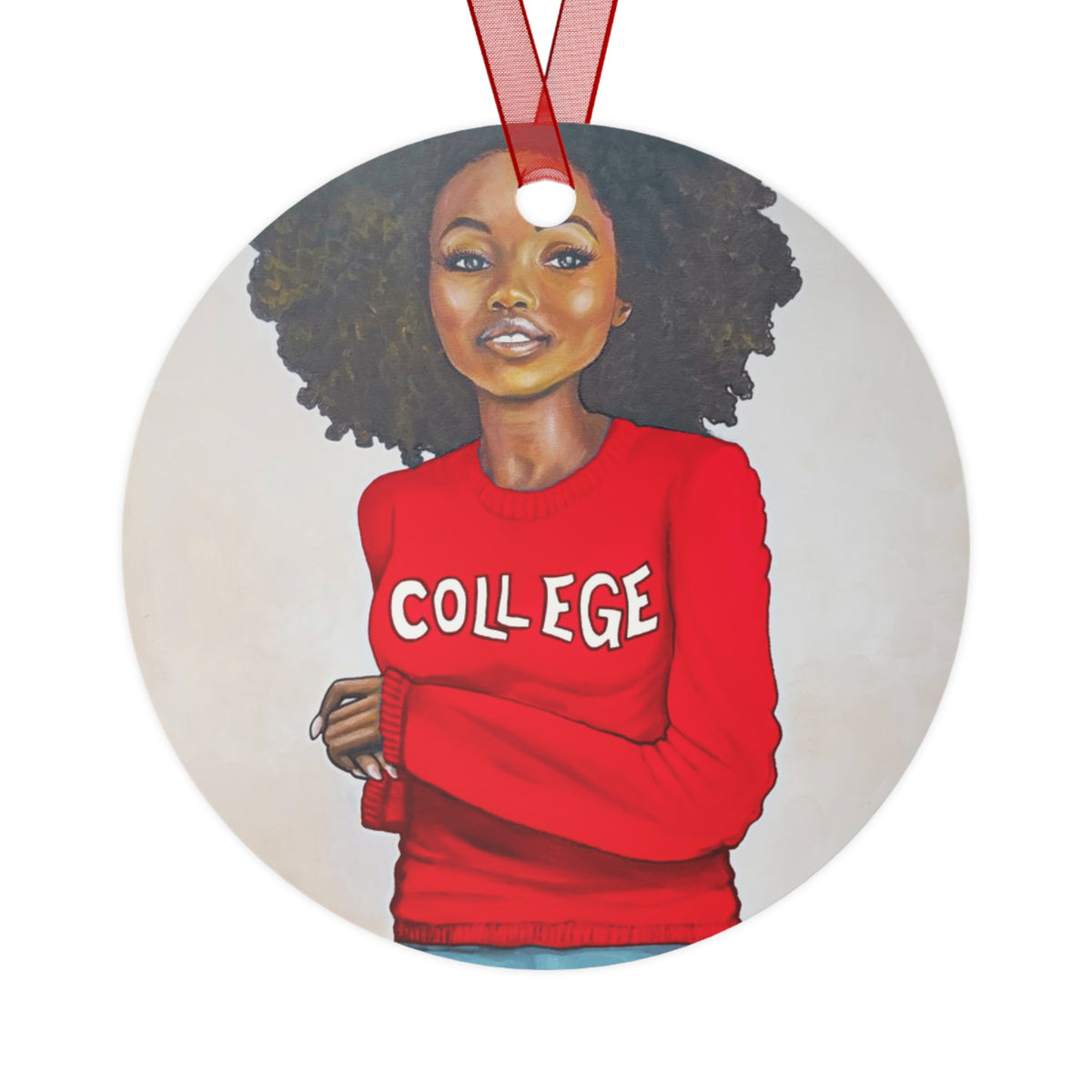 College Red and White round metal ornament by Fearlessly Hue®, Dana Todd Pope's art.