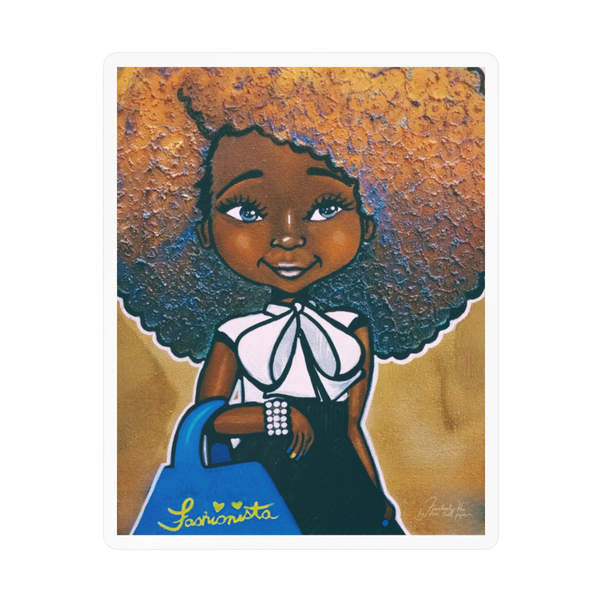 Fashionista Blue and Gold sticker by Fearlessly Hue®, Dana Todd Pope's art.