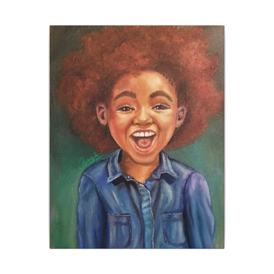Pure Joy Print on Canvas by Dana Todd Pope: a girl laughing out loud in a denim shirt