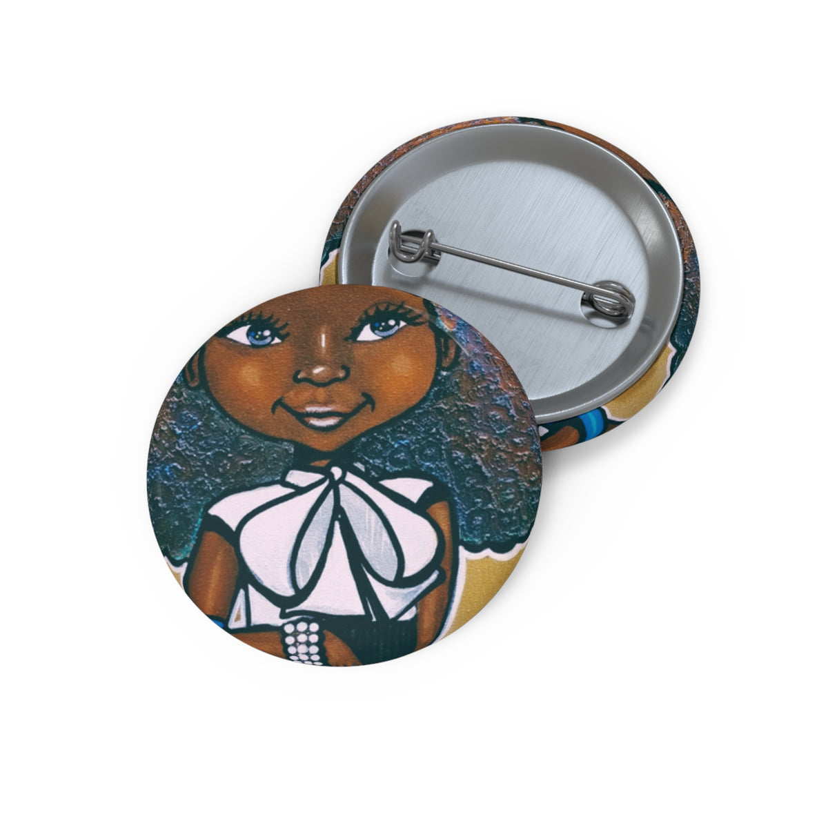 Fashionista Blue and Gold pin button by Fearlessly Hue®, Dana Todd Pope's art.