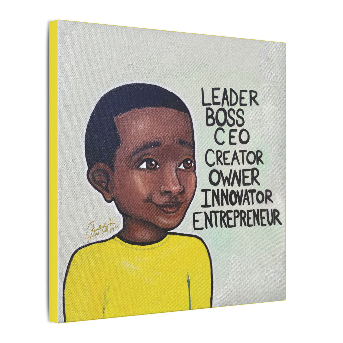 Leader, Boss, C.E.O- Boy, II Print on Canvas by Dana Todd Pope, seen at an angle to show its depth.