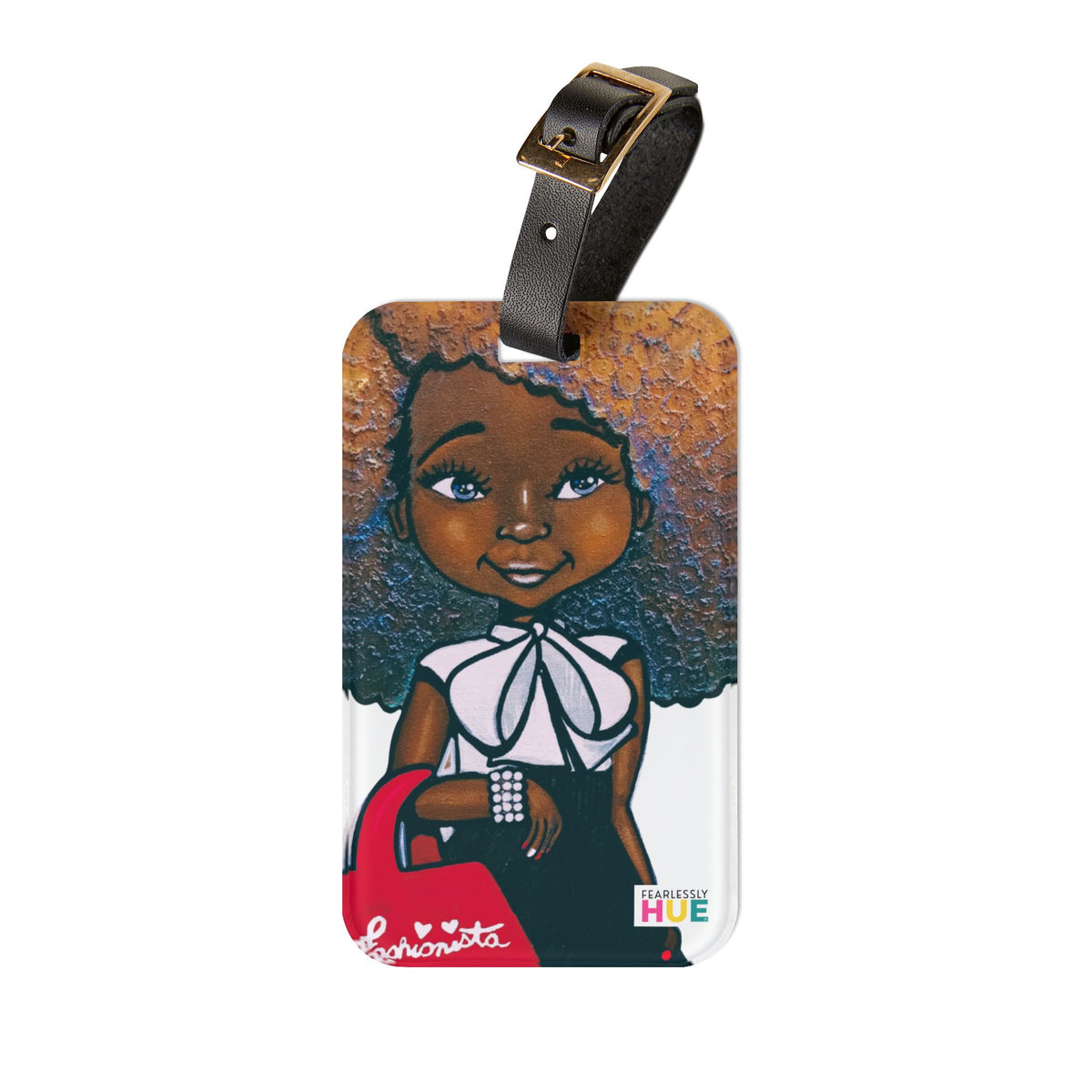 Fashionista Red & White Luggage Tag, Dana Todd Pope's art on an acrylic luggage tag by Fearlessly Hue®