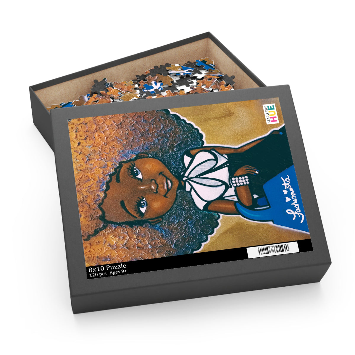 Fashionista Blue & White 120-piece puzzle in its gift box.