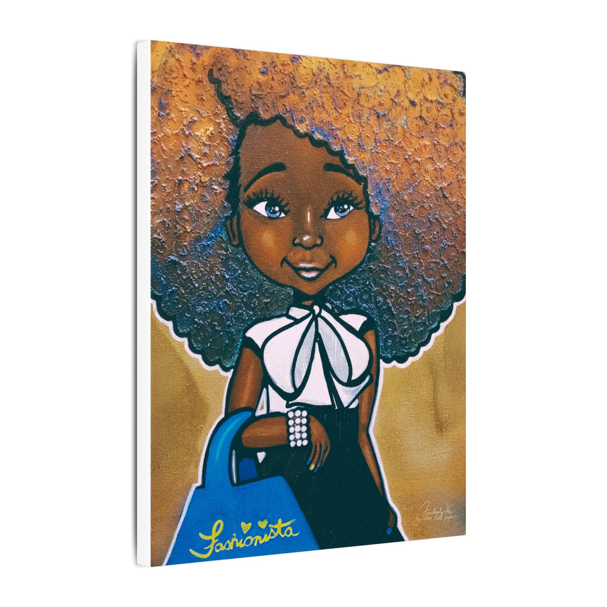 Fashionista (Blue and Gold) Print on Canvas by Dana Todd Pope, seen at an angle to show its depth.