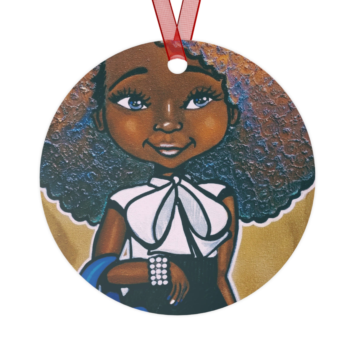 Fashionista Blue and White round metal ornament by Fearlessly Hue®, Dana Todd Pope's art.