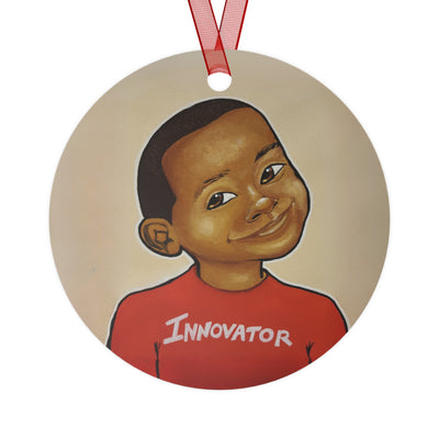 Innovator (Boy) ornament by Dana Todd Pope: a smiling boy in a red shirt that reads Innovator