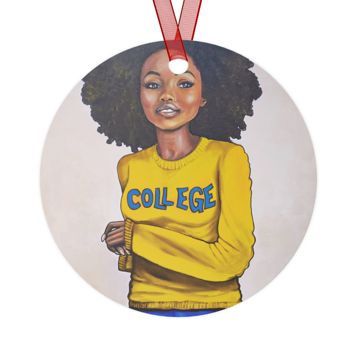College Gold and Blue round metal ornament by Fearlessly Hue®, Dana Todd Pope's art.