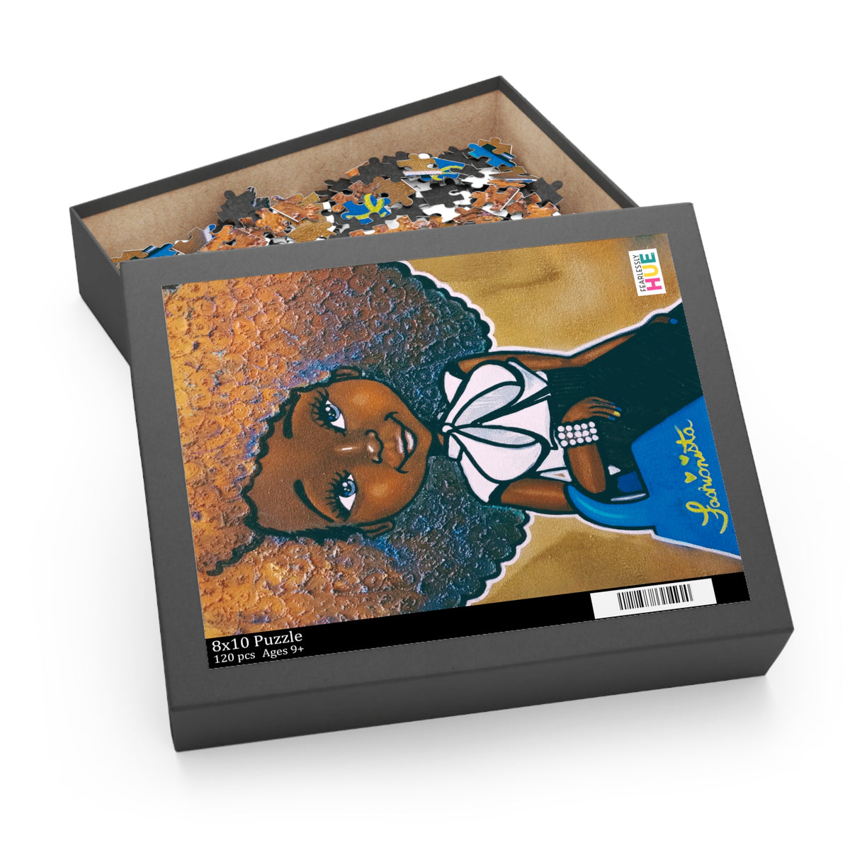 Fashionista Blue & Gold 120-piece puzzle in its gift box.
