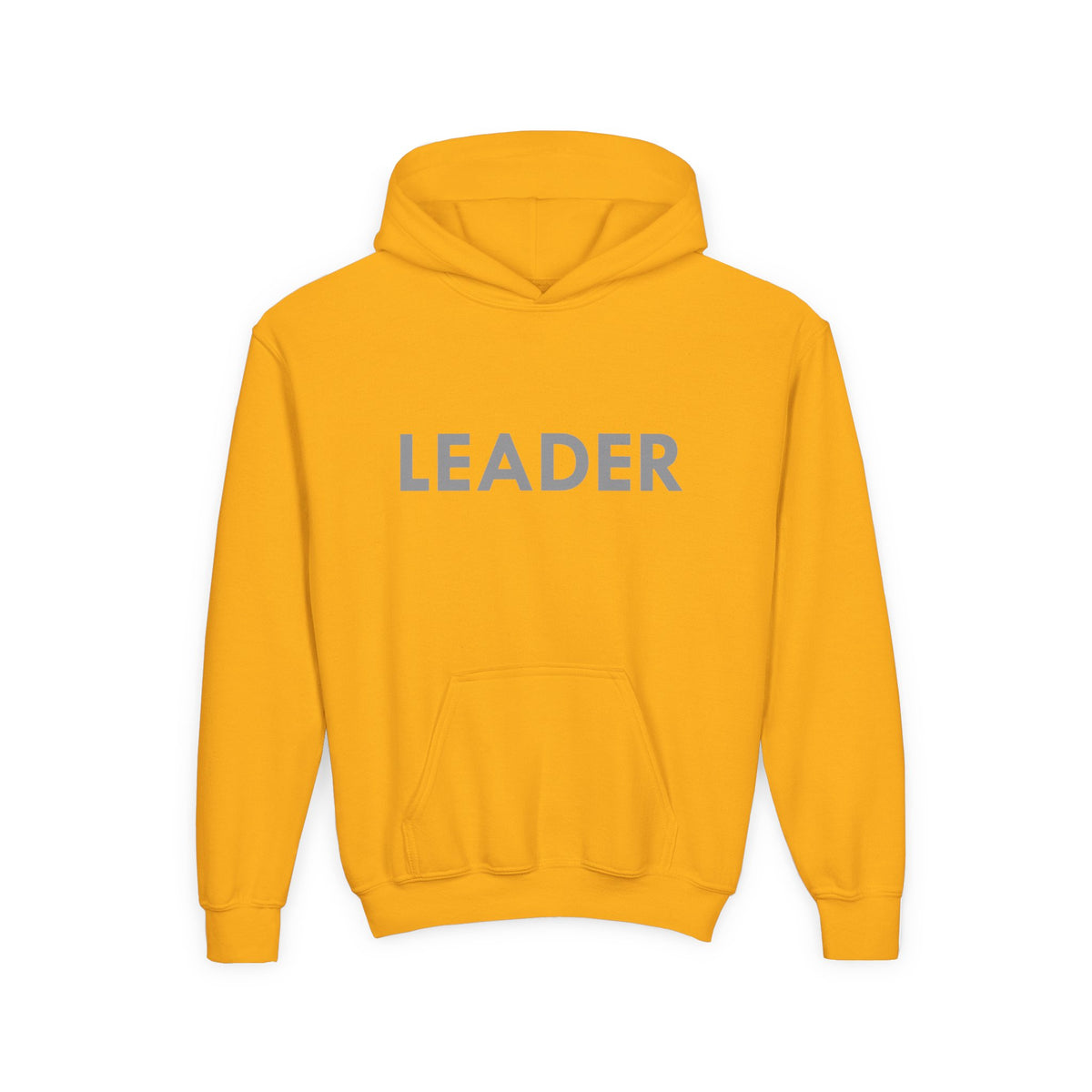 LEADER kids hoodie in Gold by Fearlessly Hue®, bold LEADER lettering on the front.