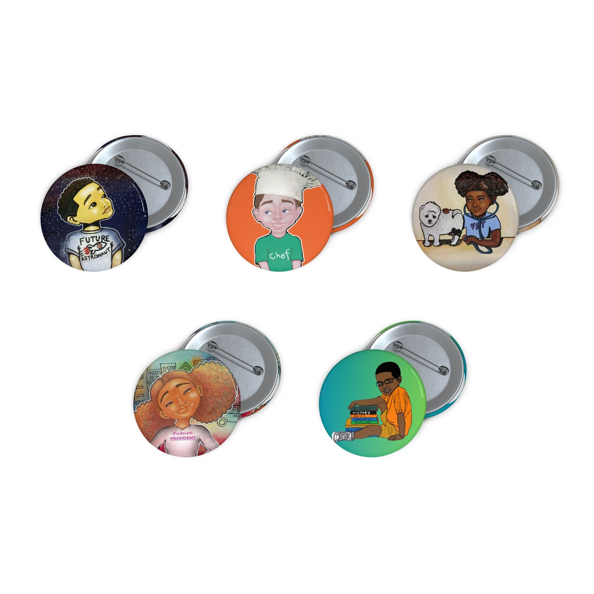 The Little Dreamers pin button pack: five round buttons with Dana Todd Pope's art for Future Astronaut, Lil Chef, Lil Vet, Future President and I Love Reading.