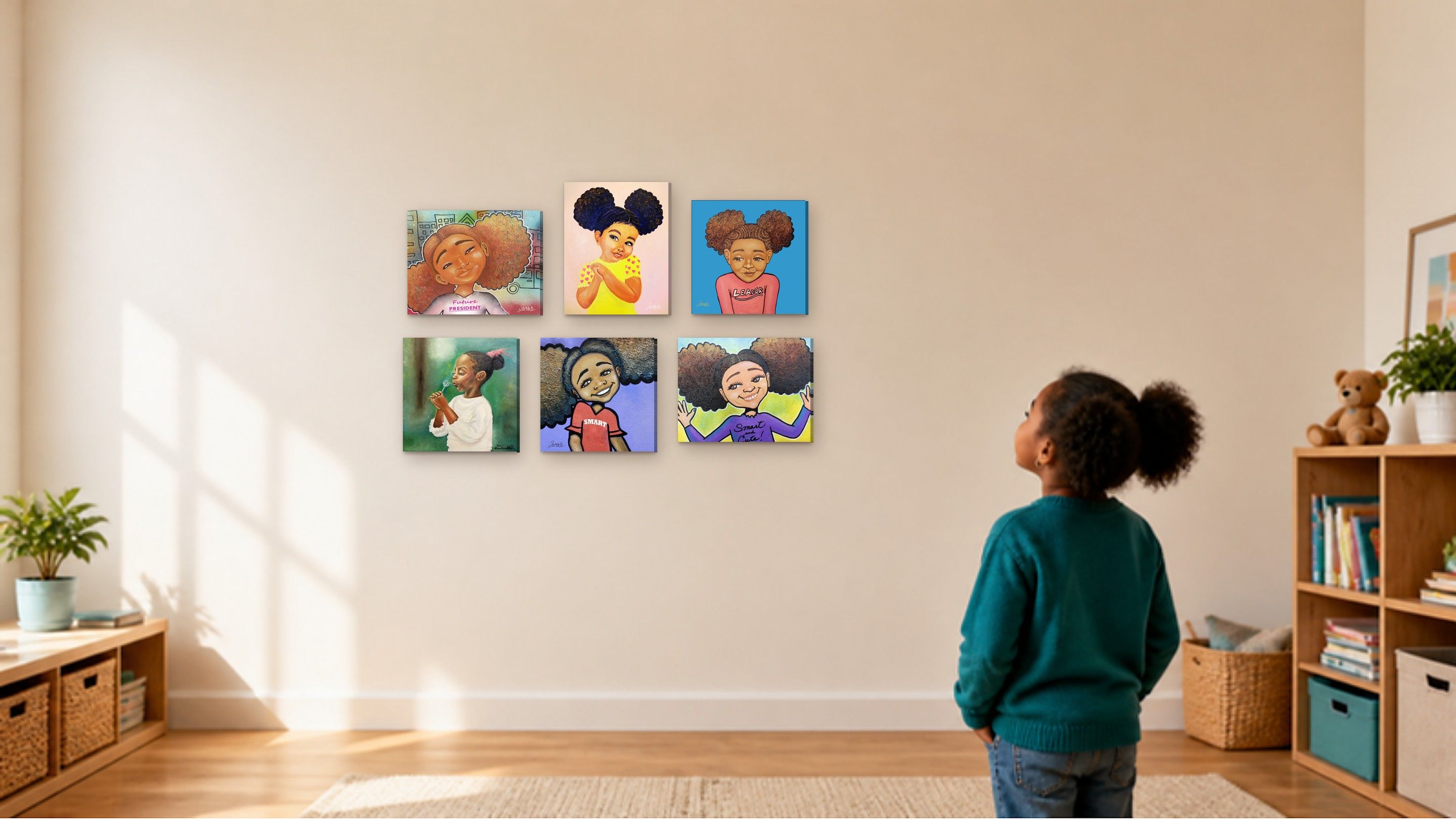 A little girl looks up at a wall of Dana Todd Pope's paintings of children.