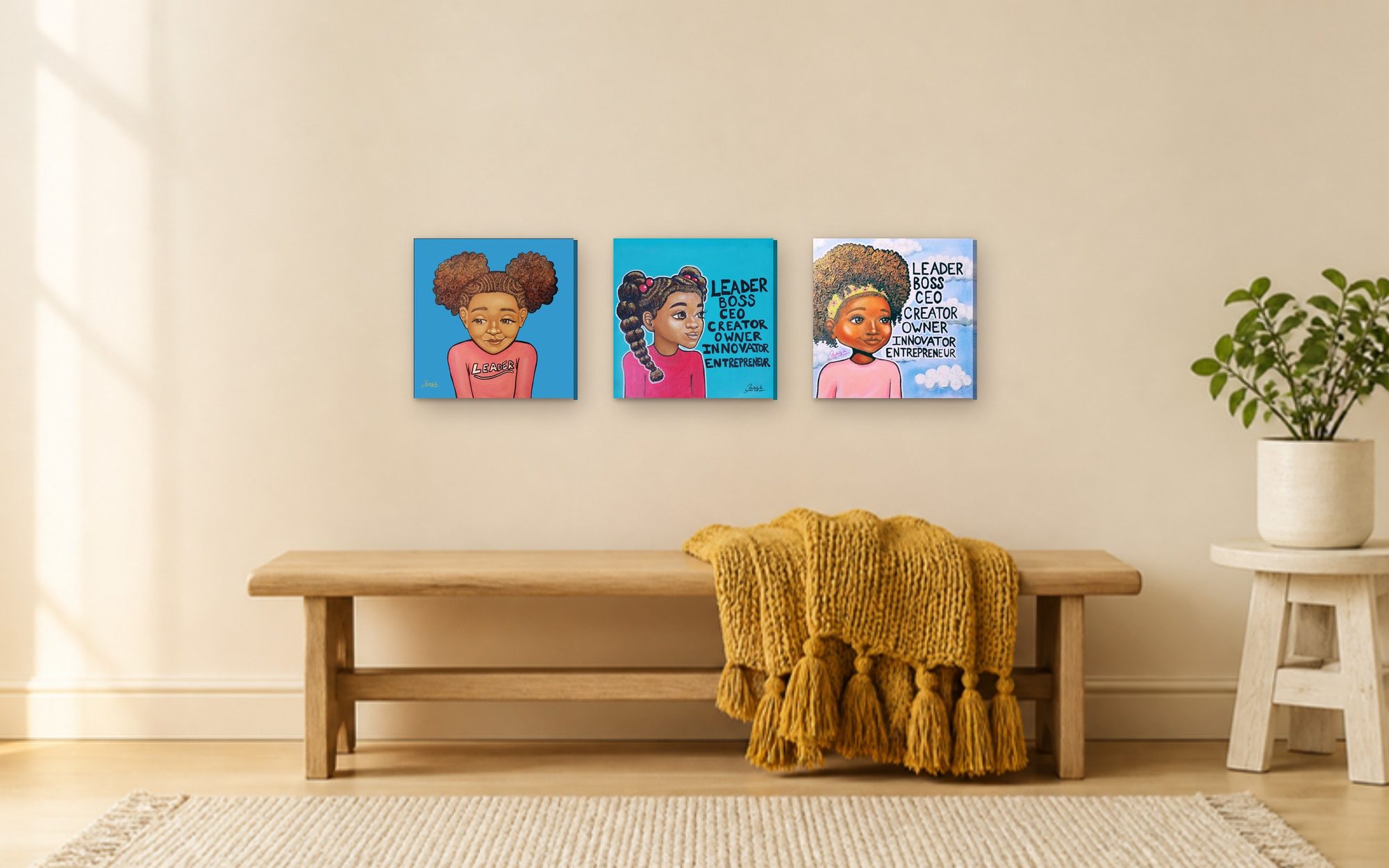 Leader, Leader Boss CEO Girl and Leader Boss CEO Girl II hang above a bench in a sunny kids room.