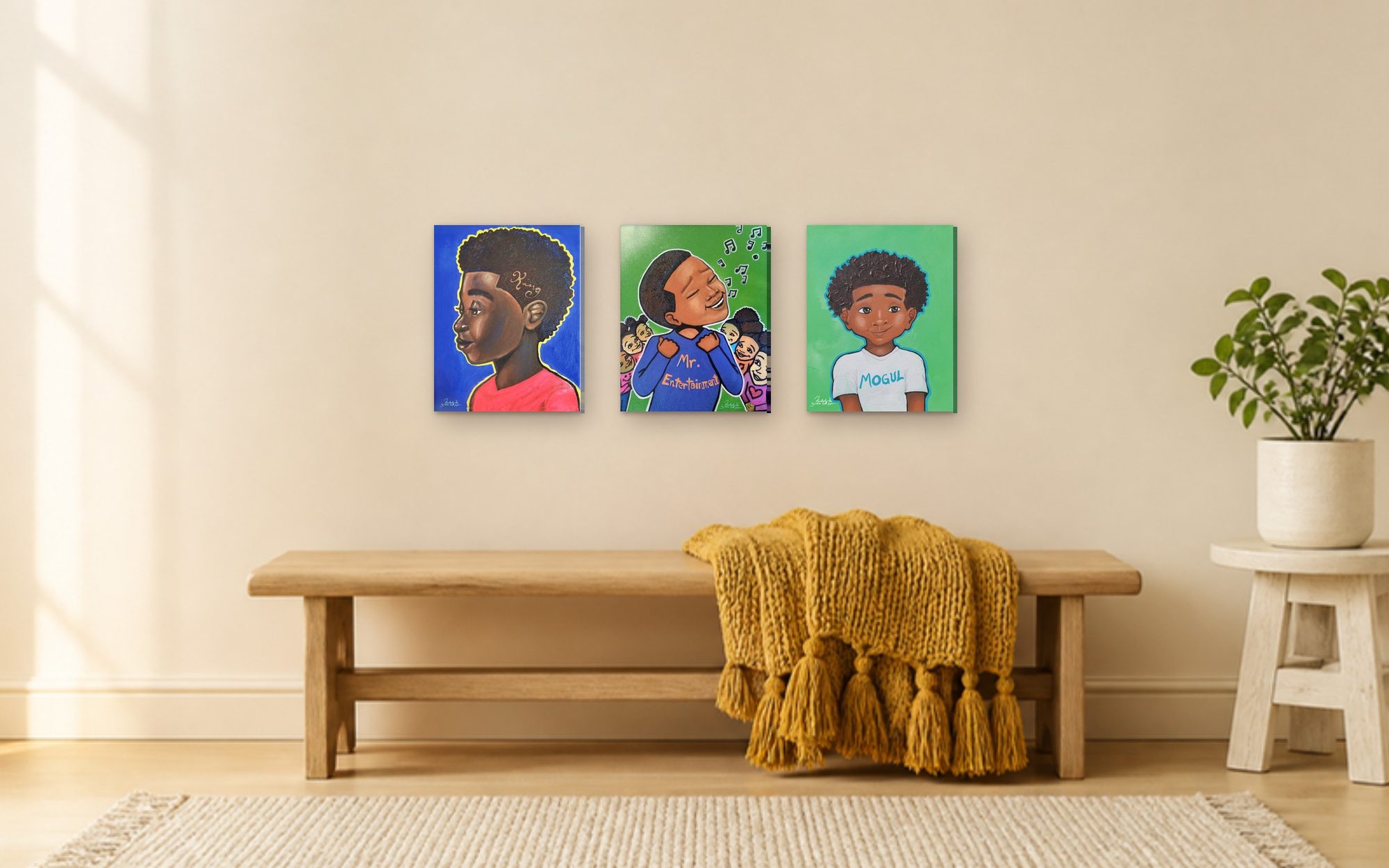 King, Mr. Entertainment and Lil Mogul hang above a bench in a sunny kids room.