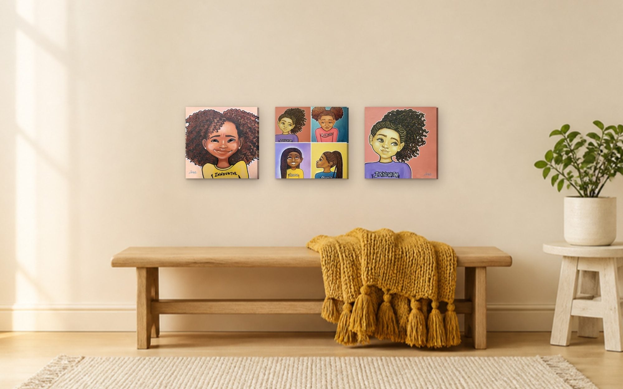 Innovator Girl, Innovator Leader Creator Originator and Innovator Girl II hang above a bench in a sunny kids room.