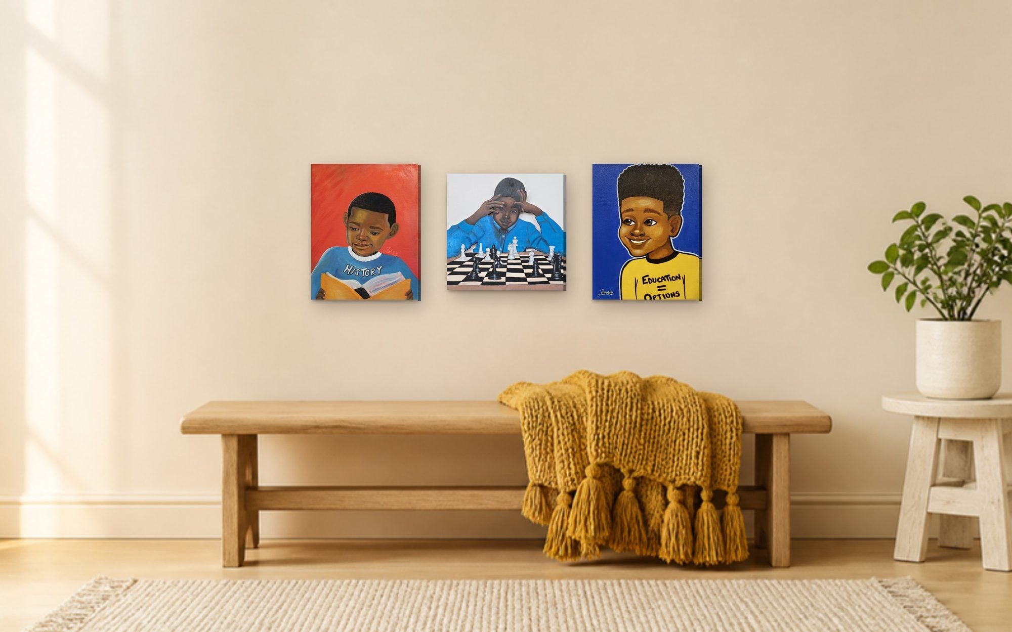 Knowin' Where I Come From II, Chess Master and Ed = Op Boy II hang above a bench in a sunny kids room.