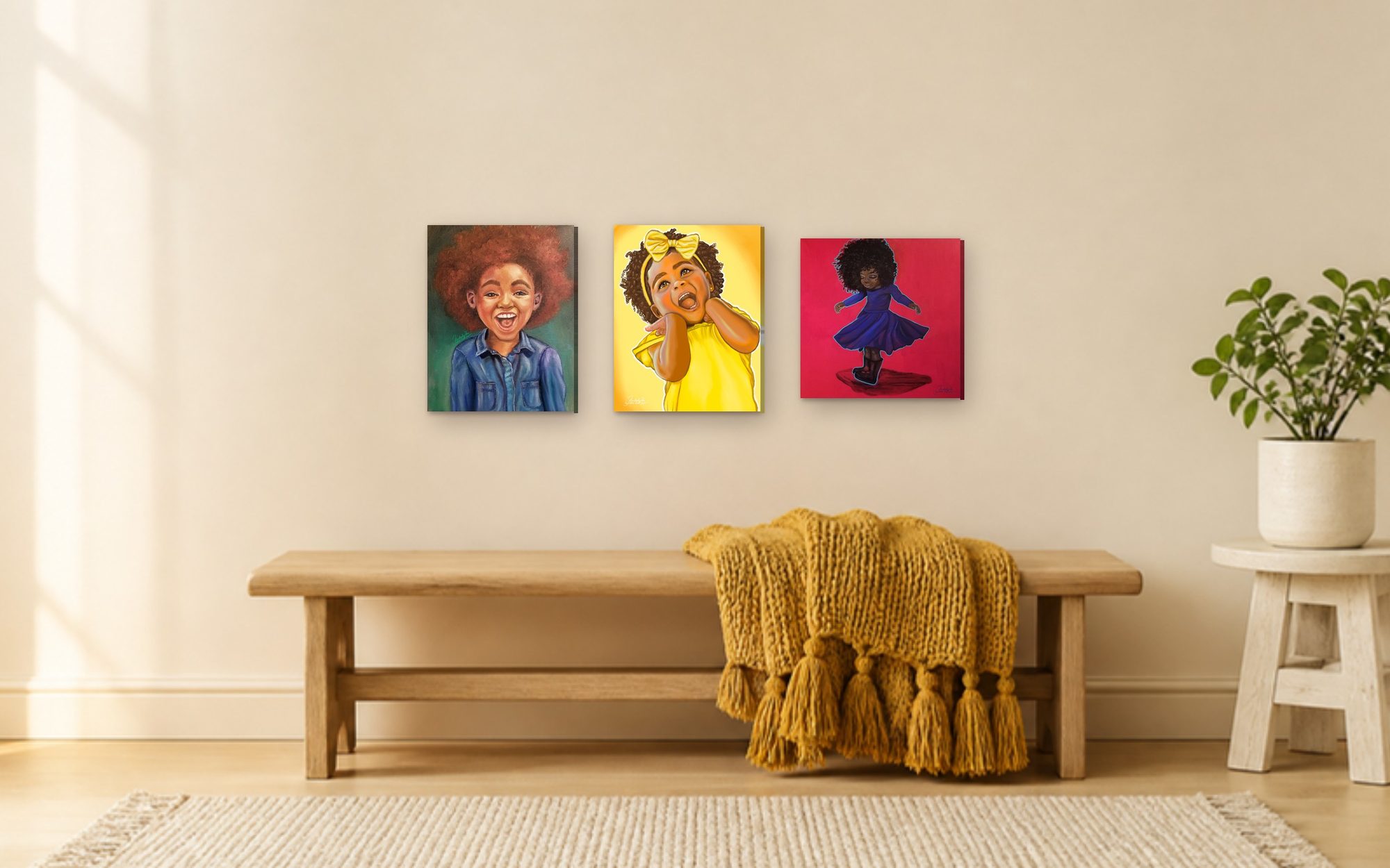 Pure Joy, Radiate and Freedom hang above a bench in a sunny kids room.